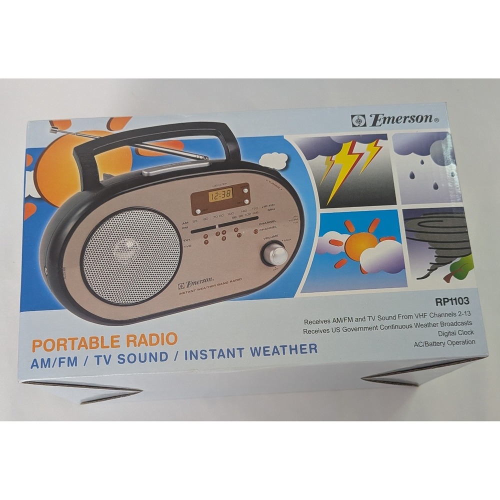 Emerson Portable Radio OS Black New RP1103 AM FM TV Weather Band Clock